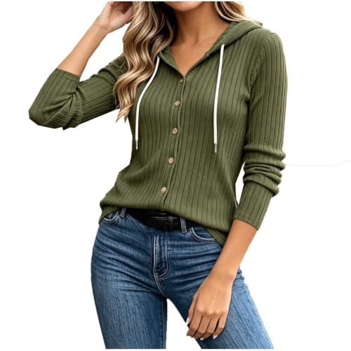 Hooded cardigan for women Ribbed Button long sleeve knit tops fall - image 1