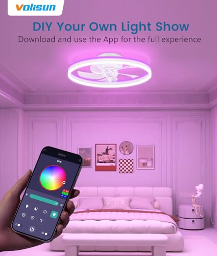 Image of VOLISUN RGB Ceiling Fans with Lights and Remote, 20in Low Profile Ceiling Fans with Lights Flush Mount, 3000K-6500K Dimmable Fandelier LED Fan Light, White Bladeless Ceiling Fans for Bedroom