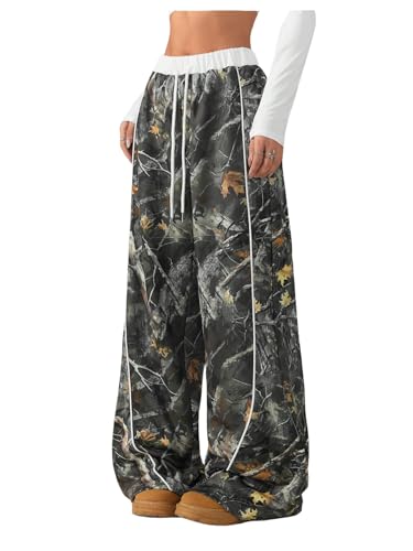 Women's Graphic Y2K Camo Print Wide Leg Pants Drawstring Waist Long Trousers Streetwear