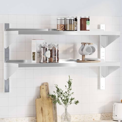 zylophax Estantería de pared con 2 baldas de acero inoxidable plateado, 100 x 30 cm, soporta hasta 50 kg, con bordes elevados y accesorios de montaje para salón, cocina, garaje y salas técnicas