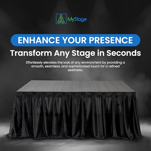 16’ x 28” MyStage Portable Stage Skirt - Black Satin Fabric Adhesive for Events, Performances, & Wedding Staging, High-Quality Wrinkle-Free Platform Skirting Cloth - (Black)