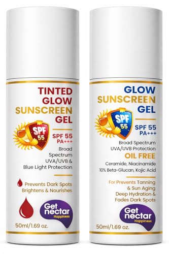 Image of Get Nectar Happiness SPF 55 PA+++ Combo | Tinted Sunscreen + Glow Sunscreen Gel | Broad Spectrum UVA & UVB Protection | No White Cast | non-greasy | Suitable for All Skin Types (Pack of 2, 50ml Each)