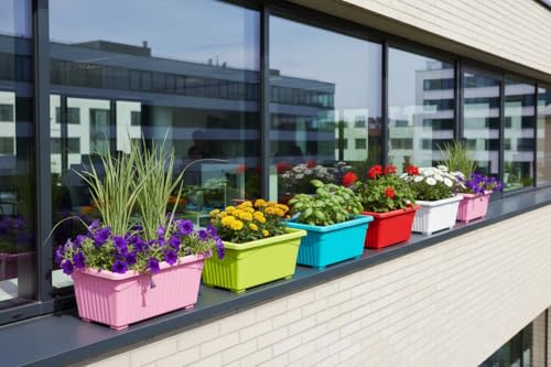 Image of Bianco Rectangular Plastic Pots for Plants, Jupiter Flower Pots for Home, Window Display, Garden (35 x 18.5 x 15 cm) (Multicolor) (Pack of 6)