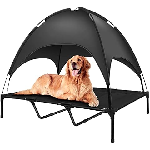 Outdoor Dog Bed with Canopy, Dog Bed with Canopy for Large Dogs, Elevated Dog Bed with Canopy Dog Cots with No-sagged Frame, Breathable Washable Mesh, No-Slip Feet, Storage Bag for Dog Under 150 lbs Cover