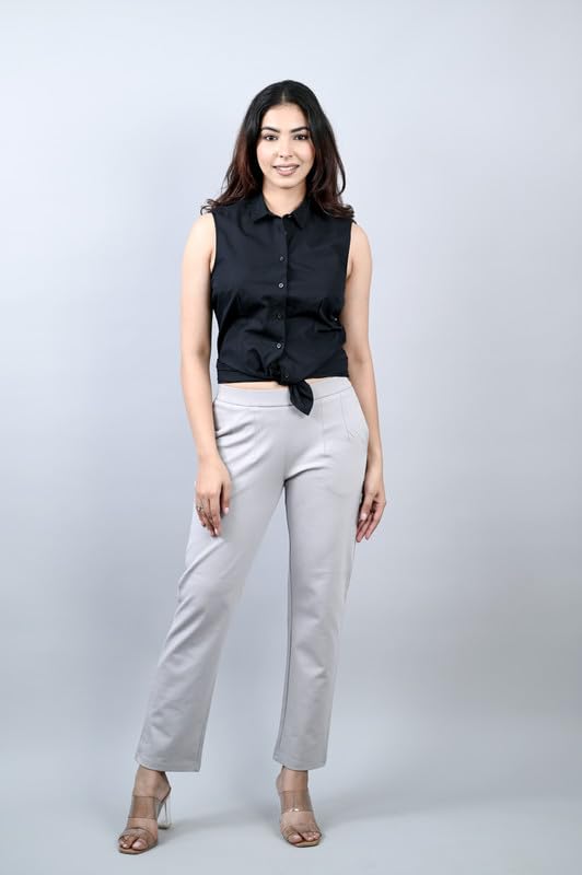 Image of Mlada Straight Fit Cigarette Pencil Pants Elastic Waist Band Mid High Waist Formal Office Trousers for Women, Pockets for Travel Stretch Cotton Knit Full Length Regular /Plus Size