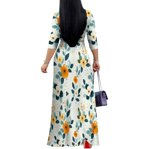 Image of PinkPatty Plus Size Maxi Dress for Women Casual V Neck 3 /4 Sleeve Boho Printed Long Dress with Pockets