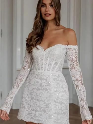 Lace Short Wedding Dresses for Bride Tulle Long Sleeve Wedding Dress for Women A Line Engagement Bridal Shower Dress3