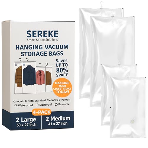 Hanging Vacuum Storage Bags for Clothes, Vacuum Seal Bags for Clothes with 5 Rings Each, Waterproof...