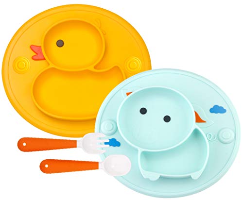 Qshare Toddler Plates, One-Piece Baby Plate for Toddlers and Kids, BPA-Free Strong Suction Plates for Toddlers, Dishwasher and Microwave Safe Silicone Placemat (Cyan/Yellow)