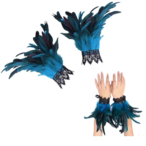 Herbst 1 Paar Feder Manschetten Hand Federn Blau Damen Spitze Feder Fingerlose Handschuhe für Halloween Karneval Kostüm Rollenspiel Party Game...