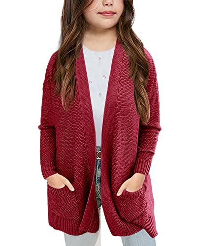 Image of Goranbon Girls' Cardigan Sweaters Open Front Long Sleeve Casual Sweater Coats with Pockets Red
