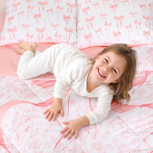Image of Girls Twin Bedding Set, Pink Bow Twin Comforter Set for Girls Kids Bedding Set with 1 x Reversible Comforter, 1 x Fat Sheet, 1 x Fitted Sheet, 2 Pillowcases, Pink Bow