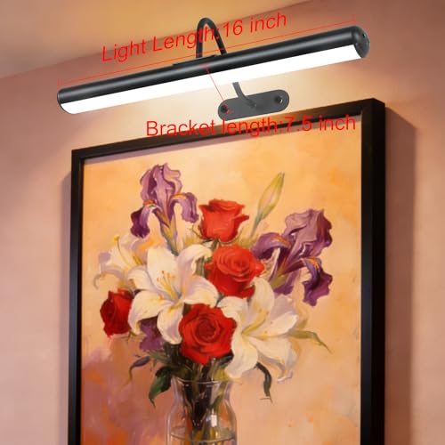 Image of Set of 2 Picture Lights with Timer Dimmer, Painting Light with Remote Rechargeable Battery ,Wall Art 3 Lighting Colors Temps,16inch Full Metal Over Picture Painting Frame Dartboard Gallery Hallway