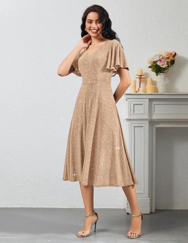Image of Bridesmay Women's Formal Wedding Guest Dress for Women 2026 Short Sleeve Fit and Flare Tea Party Dresses