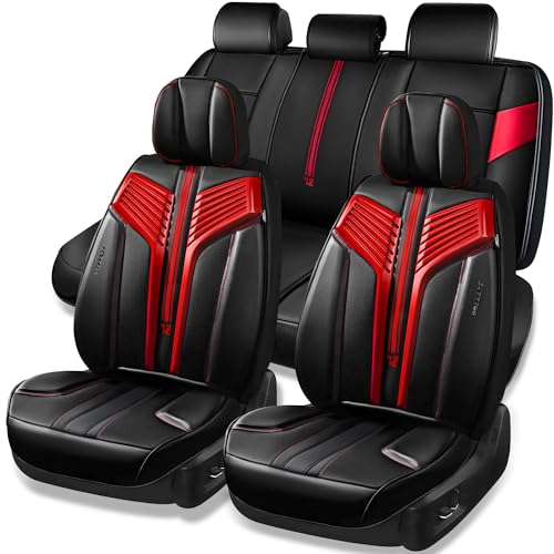 Image of CAR PASS Nappa Leather Seat Covers, Breathable Waterproof Car Seat Covers Full Set, Luxury Leather Front and Back Seats Full Coverage, Universal Fit SUV Pick-up Truck Sedan Automotive(Black Red)