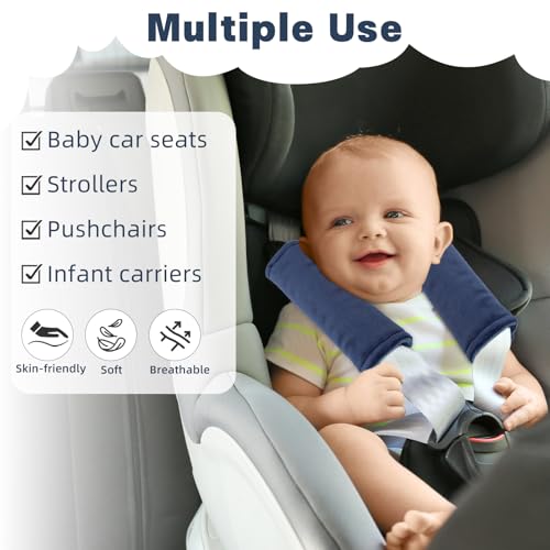 Image of GFU Car Seat Strap Pads for Baby, Soft Shoulder Pads for Comfort, Reversible Seatbelt Covers for Kids, Perfect for Baby Car Seat, Stroller, Swing, High Chair, Size: 6.5 x 6.5 inch, Blue