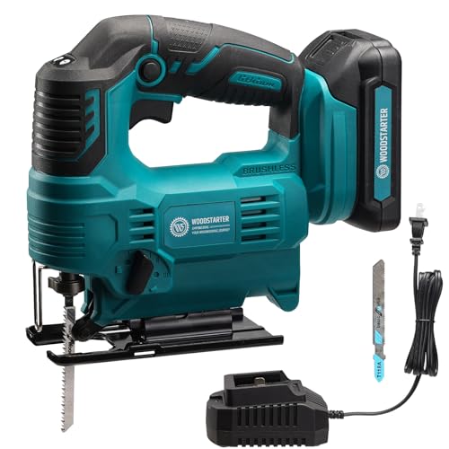 WOODSTARTER Cordless Jig Saw with Brushless Motor, 3 Adjustable Speed Settings, 45°-90° Cutting...