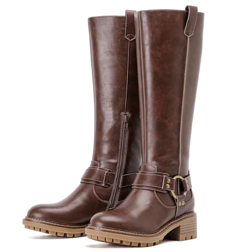Knee High Boots for Women Comfort Stylish Casual Round Toe Tall Riding Combat Boot Classic Fashion Fall Winter Knee-High Flat Boots. 8 D Brown Pu 972