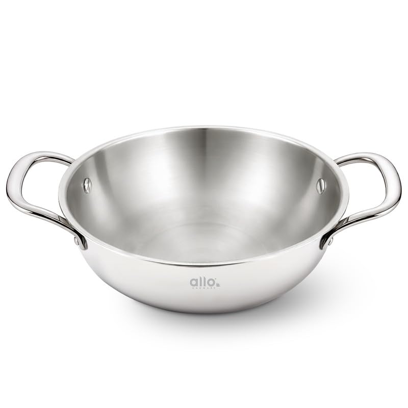 Image of Allo Triply Stainless Steel Kadhai with Handles|Perfect Kadhai for Curry /Stir-Fry /Deep-Fry /DryVeg /Saute Induction Friendly Naturally Non-Stick | 10 Years Warranty, Without lid