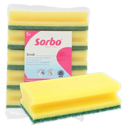 Sorbo Scheuerschwamm Grip Besonders robuster Scheuerschwamm mit Handgriff geeignet für hartnäckigen Schmutz extra großer Reinigungsschwamm für Küche und Haushalt Größe XL 5 Stück