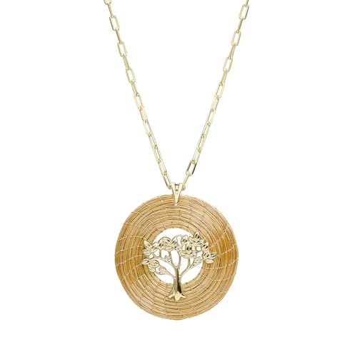 VERA NAVARRO - Collar con Colgante de Mandala Abierta Árbol de la Vida en Oro Vegetal Ø 45 mm - Cadena Chapada en Oro 42 cm - Hecho a Mano 100% Natural