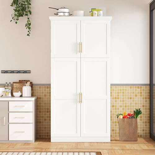 Image of Ball & Cast 71″Tall Kitchen Pantry Cabinet with 8 Pull Out Trays & 4 Doors,Versatile Farmhouse Wood Pantry Storage Cabinet w /2 Doors Shelves and Adjustable Shelves for Kitchen,Dining Room,White