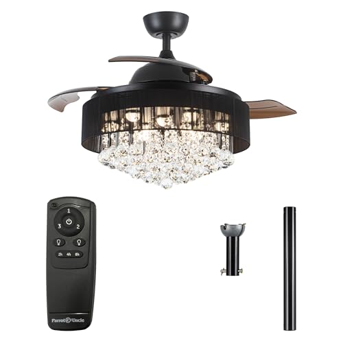 Parrot Uncle Ceiling Fans with Lights and Remote Black Ceiling Fan for Bedroom Crystal Chandelier Ceiling Fans with Retractable Blades, 3000K Cool White Lights, 42 Inch