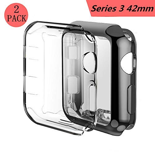Smilelane Screen Protector Apple Watch 3 Case, iwatch Soft Flexible TPU All-Around Protective Case High Defination Clear Ultra-Thin Cover for Apple Watch Series 3 42mm (1 Black + 1 Transparent)