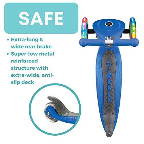 GLOBBER Primo Foldable Lights - Tretroller Kinder, 120/80 mm, ABEC 5, 3-r&auml;drig, h&ouml;henverstellbar, LED-Rollen, dunkelblau