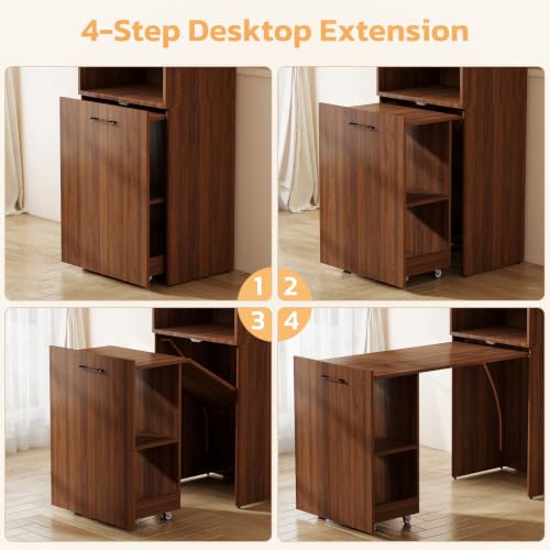Image of Zevemomo Folding Desk, Convertible Table with Shelves & Wheels - Walnut | Folding Desk with Storage, Craft Cabinet with Fold Out Table, Compact Computer Desk for Small Space, Reversible L Shaped Desk