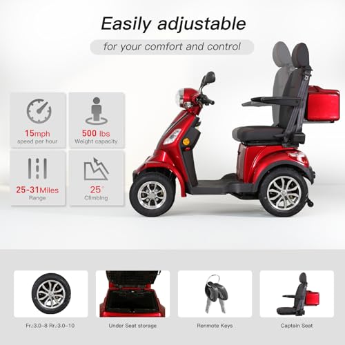 4-Wheel Mobility Scooters for Seniors/Adults, 500LBS Load 1000W All Terrain Electric Powered Mobility Cart, Heavy Duty Outdoor Mobility Scooter with Basket and Charger, Adjustable Seat, Red