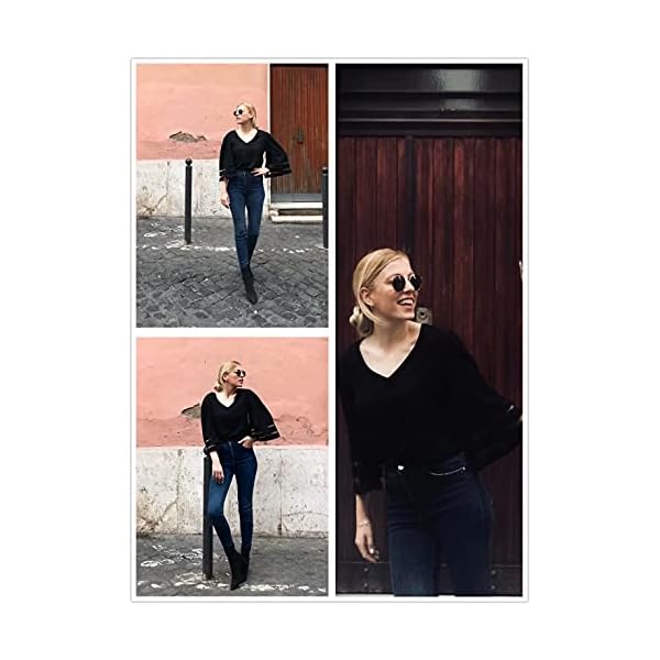BLENCOT Womens 3/4 Bell Sleeve Fashion V Neck Lace Patchwork Blouse Casual Loose Shirt Tops Black, X-Large