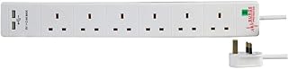 6 Gang Extension Lead With USB Slots Surge Protection 3m Power Strip | 6 Socket Multi USB Plug 2 Charging Ports 3 Meter UK Plug | Extension Leads with USB Socket Surge Protector