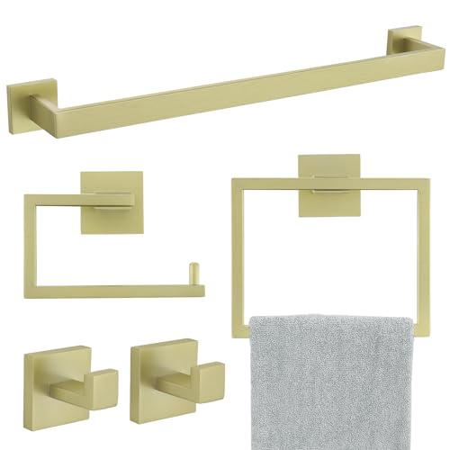 YACVCL 5 Piece Brushed Light Gold Towel Bar Set Bathroom Hardware Set, Square Towel Holder Set SUS304 Stainless Steel Towel Rack Set,Wall-Mounted 23.6 in