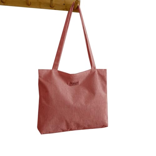 Bolsa feminina de veludo cotelê, bolsa de ombro casual com zíper, bolsa de ombro de grande capacidade com bolsa (rosa)