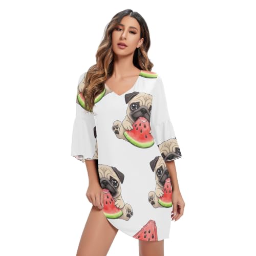 Robe d'été carlin blanche à motif pastèque et manches 3/4 pour petit chien