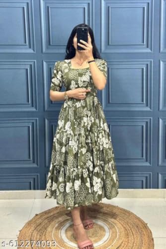 Image of Modestouze Attires Women's Paisley Pattern Rayon Midi Dress with Half Puff Sleeve Round Neck Calf Length and Pull On Closure Type