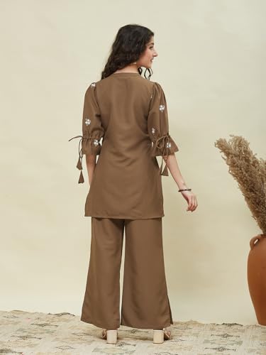Image of Girls Floral Embroidered Kurta and Palazzo Pants Co-ord Set with V Neck Elegant Traditional Outfit for Festive and Functions