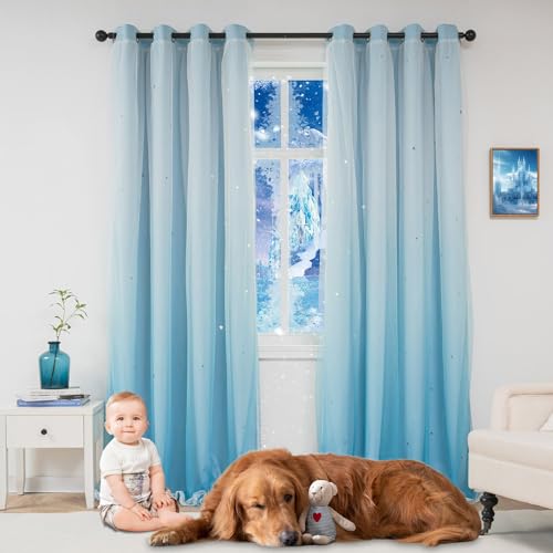 Image of Yancorp Curtains for Girls Bedroom Kids Room Rainbow Curtains Nursery Curtain 63 inches Length Grommet Rainbow Color for Playroom(Ombre Blue, W52 X L63)