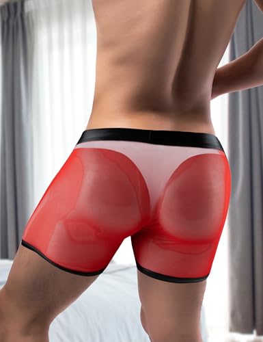 ohmydear Men Sexy Boxer Briefs See Through Mesh Underwear Funny Button Faux Leather Removable Pouch Breathable Underpants3