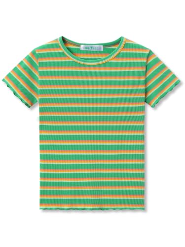 Image of Girls Striped T-Shirt Lettuce Trim Short Sleeve Top Size 6-16 | Soft stretch ribbed knit fabric, breathable blouse,summer outfit for big girls & teen, for school, party and daily activity