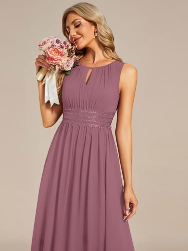 Image of Ever-Pretty Women's Chiffon Sleeveles Summer Formal Wedding Guest Dresses Ruched A Line Hollow Out Crew Neck Bridesmaid Dress