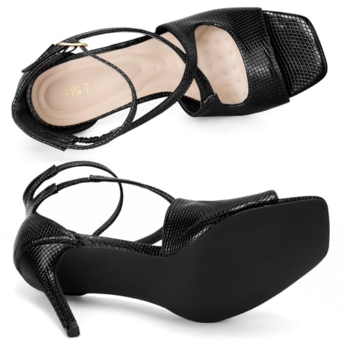 Allegra K Allegra K Women's Ankle Strap Square Toe Crisscross Embossed Stiletto Black Heels Sandals 9 M US