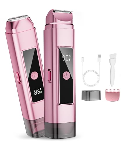 Dynooper Bikini Trimmer for Women Electric Razors, Electric Razor 2 in 1 Shaver Pubic Hair, LED Display with IPX7 Waterproof - Rechargeable Lady Trimmer for Underarm Body Leg Face - Carmine Pink