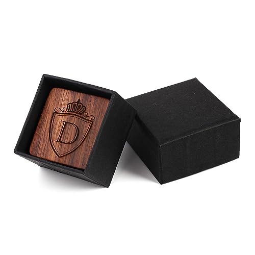 Image of Mens Initial Silver Cufflinks A-Z Alphabet Letter Steel Cuff Links with Engraved Walnut Wood Box Groom Groomsman Wedding Set