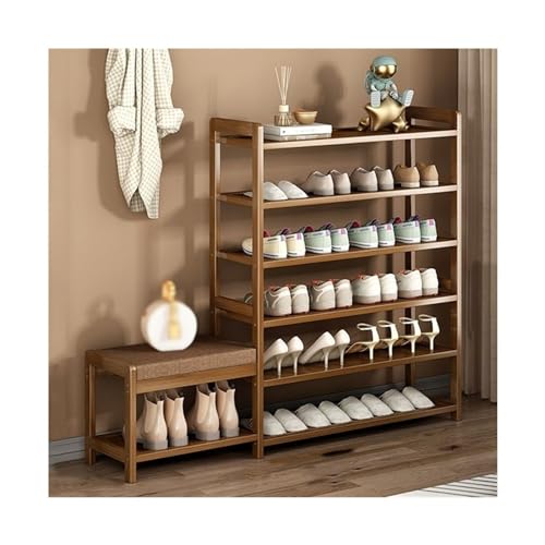 RENEESME Shoe Rack Shoe Rack with Bench, Entryway Bamboo Shoe Bench, Organizer Rack with Storage Shelves and Seat Cushion for Entryway Hallway Shoe Organizer Rack(120x25x101CM)