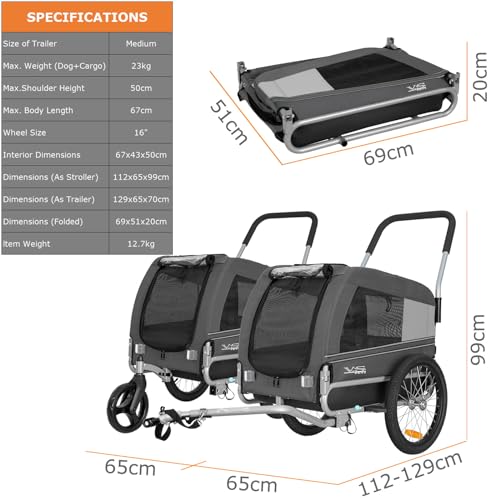 Tiggo VS Pets Medium Hundeanhänger & Buggy 2in1 Fahrradanhänger Hundebuggy Jogger 80204 (Grau)