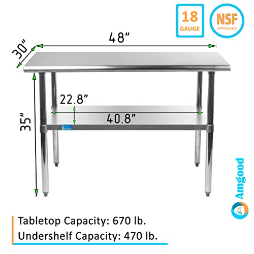 Amgood Stainless Steel Work Table With Undershelf | Food Prep Nsf | Utility Work Station | (48" Length X 30" Width) #TOP2