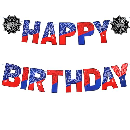 SAVITA Banner aniversário com tema aranha, bandeira feliz aniversário vermelha e azul com fita e fio para pano de fundo de festa pendente DIY