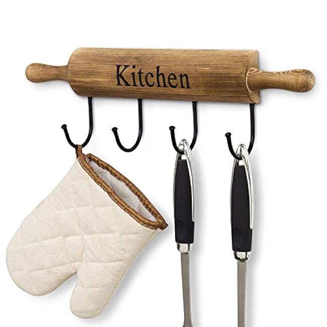 MyGift Burnt Brown Wood Rolling Pin Design Kitchen Hooks with 4 Hooks